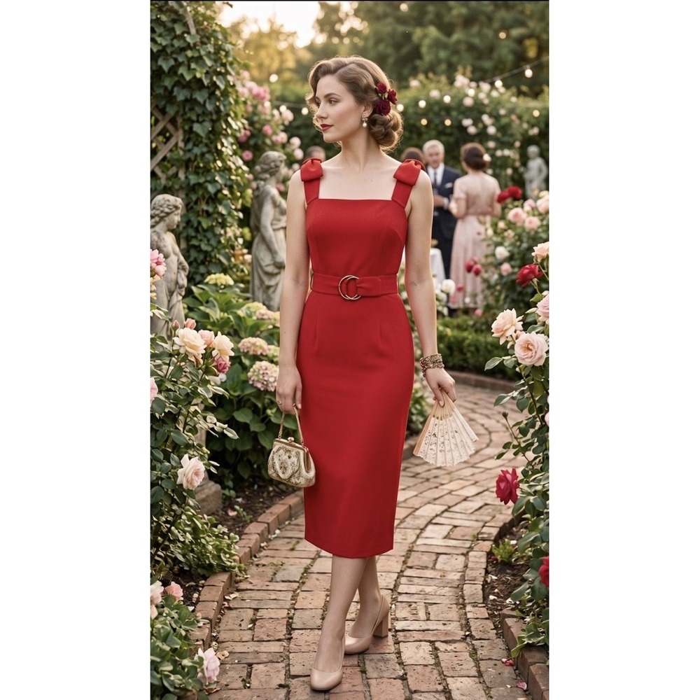 NWT Suzabelle VTG Inspired Red Sheath Midi Dress Size M. Belted, Square Neck.